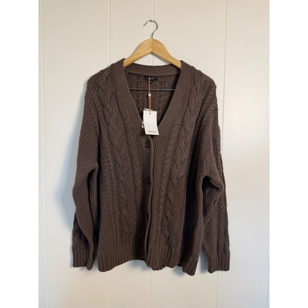 Quince Cardigan M Brown Cable Knit V-Neck Button Front Oversized Sweater